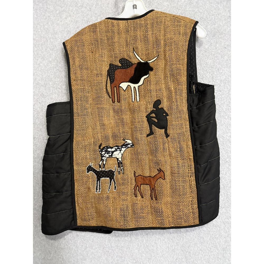 Brown Hemp Quilted Animal Vest Womens XL Cow Applique Open Front Padded Lined - Picture 10 of 11